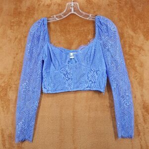 SAYLOR Top Womens XS Blue Periwinkle Lace Crop Bra Top Sheer Sleeve Side Zip